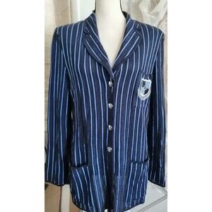 Escada Womens Size 40 Jacket Blazer Logo Patch Long Sleeve Preppy Blue Striped
